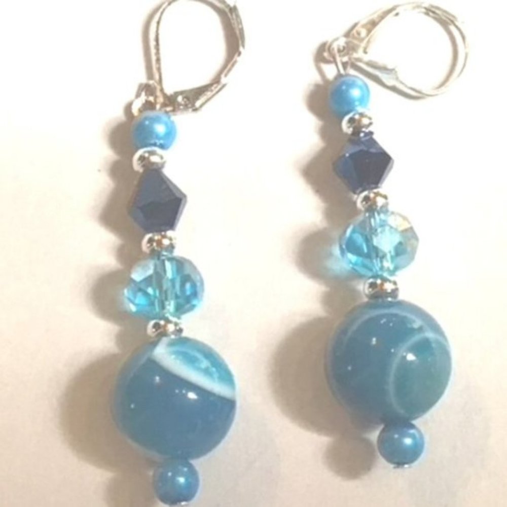 Blue Dangle Earrings Handmade About 1 3/4"